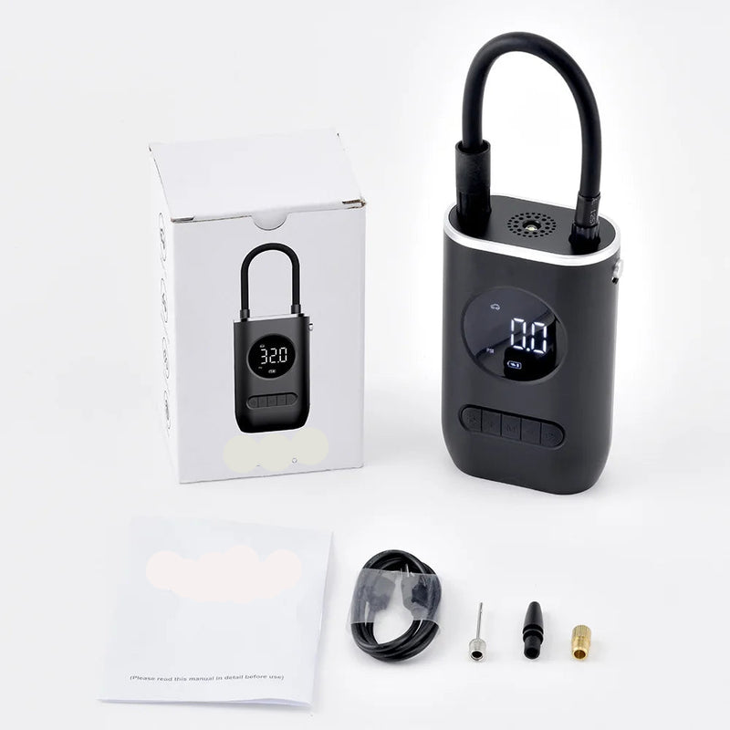 fotografia da embalagem do Mini Compressor de Ar Portátil para Pneu de Carro, Moto e Bicicleta e Bolas Esportivas e seus componentes e manual de instrução